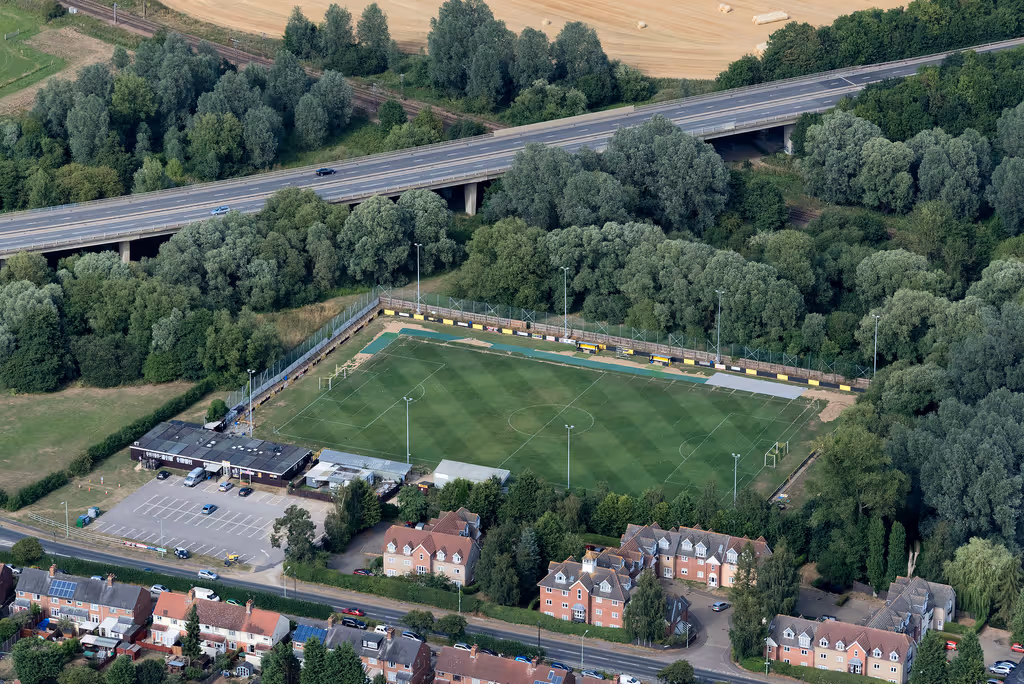 Stowmarket Town Football Club alongside the A14 - aerial image